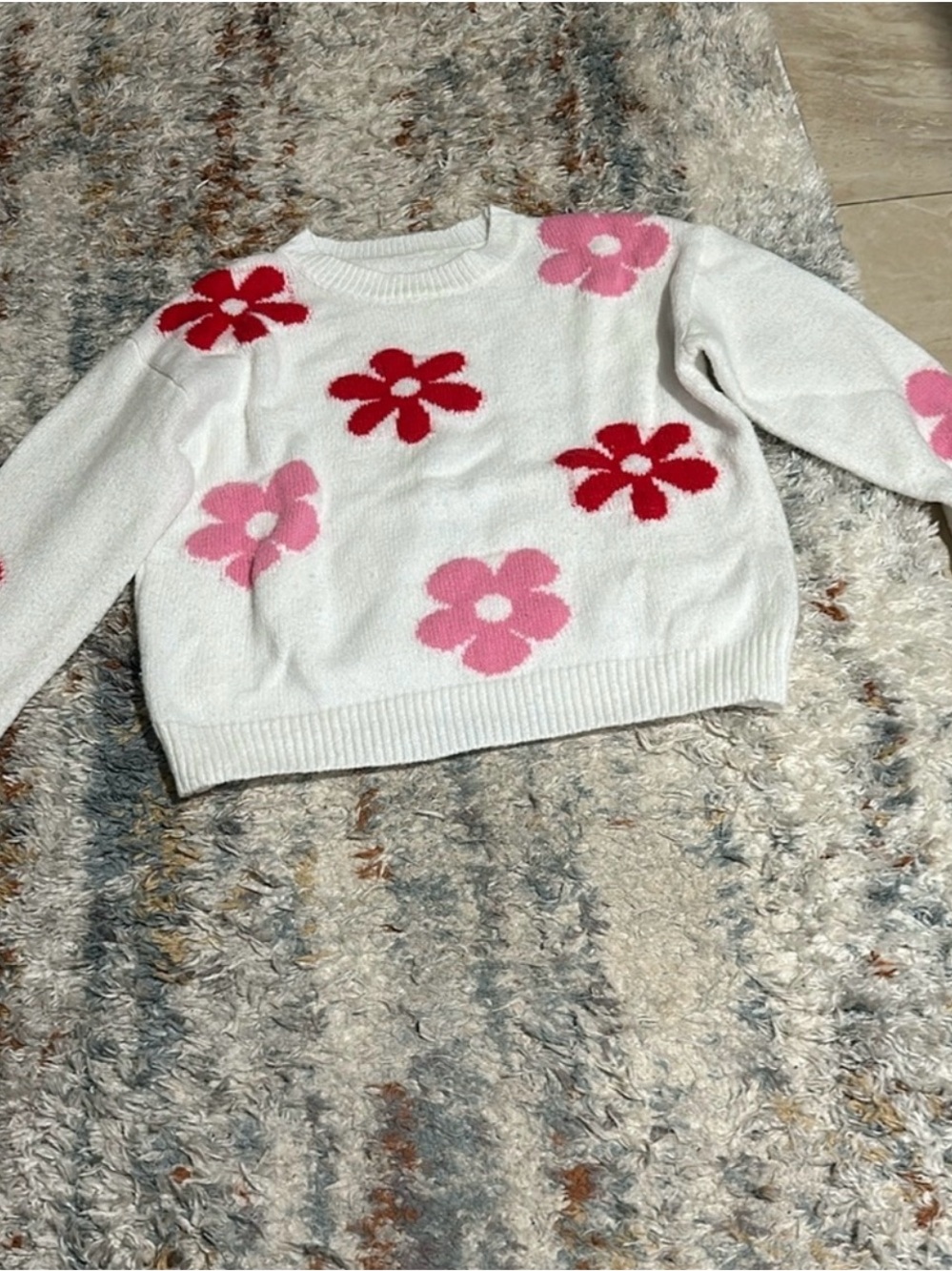 White Knit Sweater with Pink and Red Floral Detail
